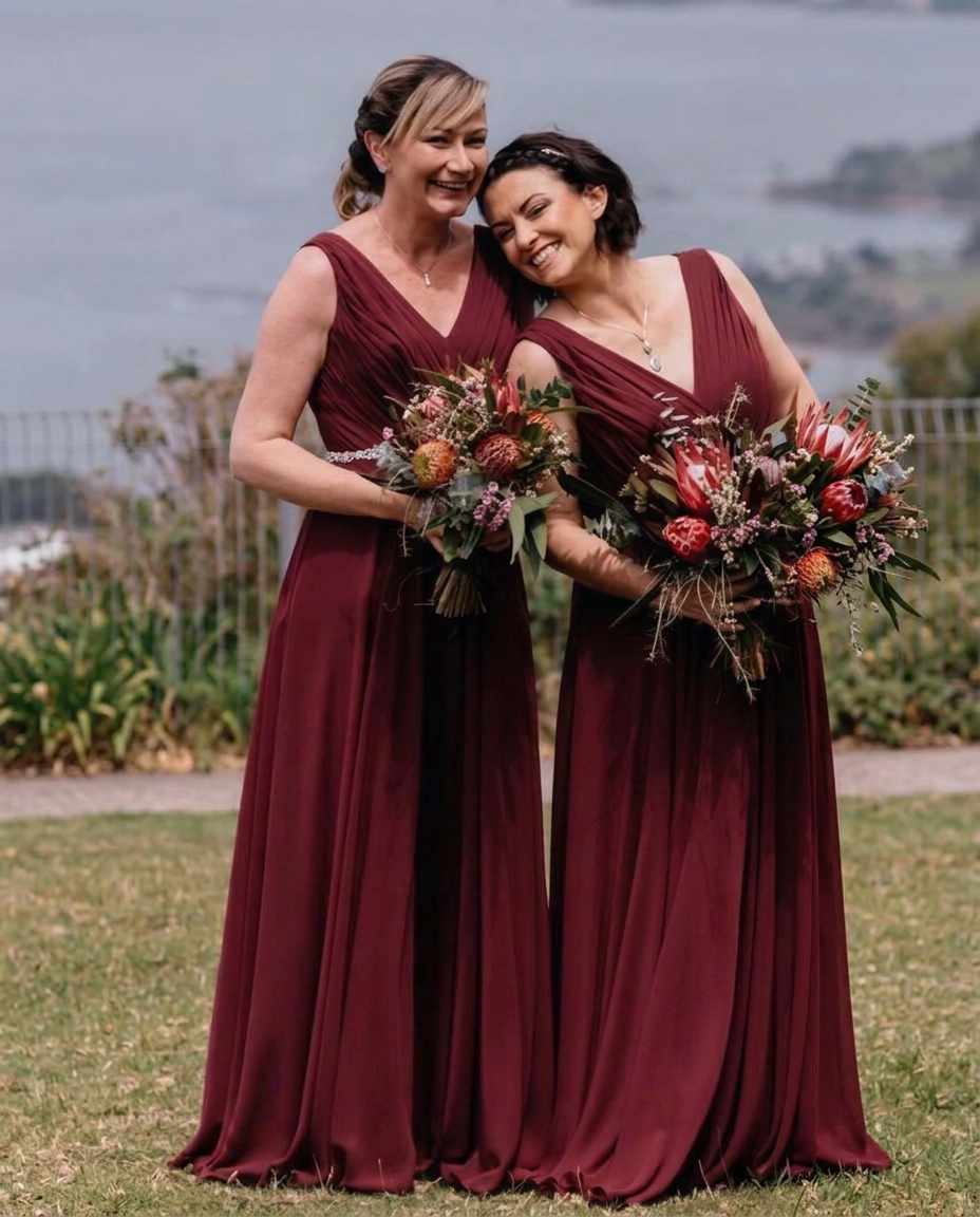 Two bridesmaids in burgundy v-neck chiffon gowns with native protea bouquets, altered by Jacqui