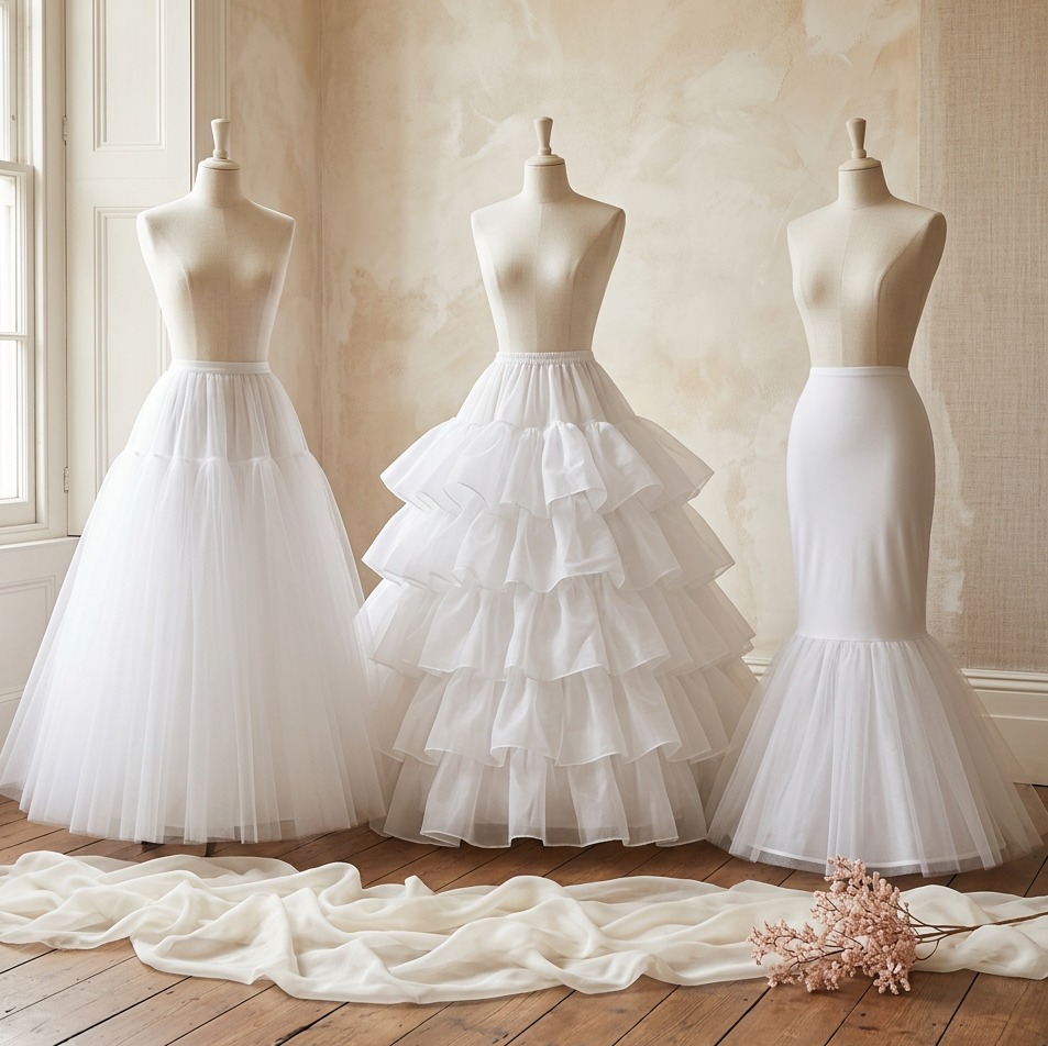 Three white bridal hoop petticoats — A-line tulle, full layered ball-gown, and fitted mermaid — on ivory linen dress forms with sheer silk and a dried blush floral sprig
