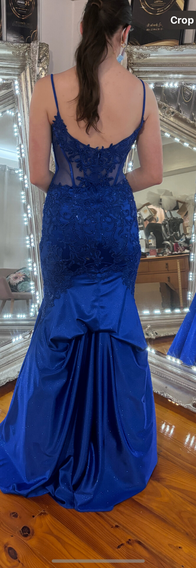 Royal blue beaded mermaid formal gown altered by Jacqui — debutante and ball gown alterations NSW