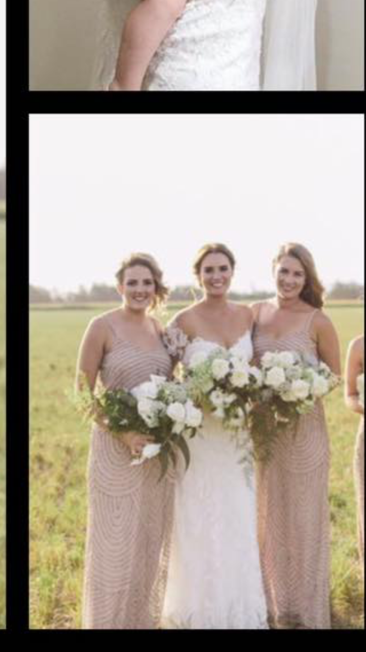 Bridesmaids in blush beaded art-deco gowns beside the bride, hemmed and fitted by Jacqui