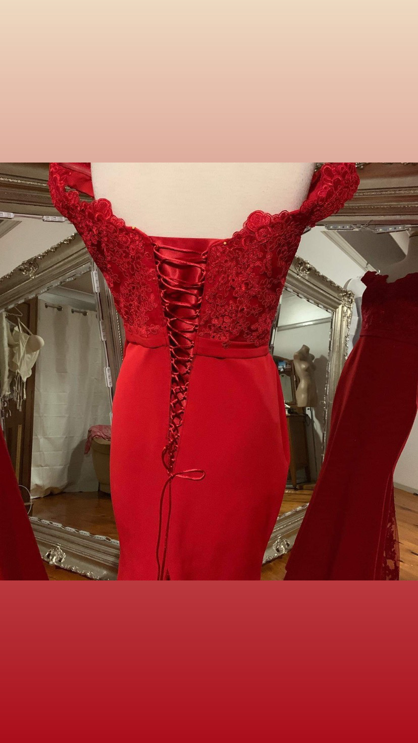 Red lace bodice formal gown with custom corset lace-up back conversion — formal dress alteration and corset back added by Jacqui
