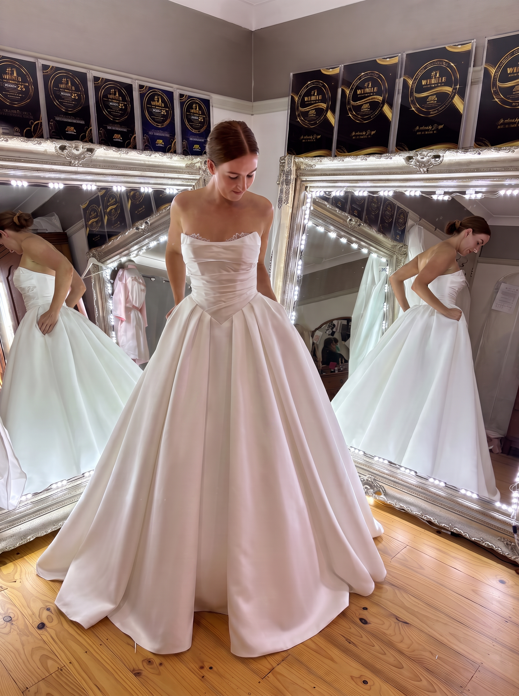 Full satin strapless ballgown with hoop hire fitted at Jacqui's Shoalhaven Heads bridal studio