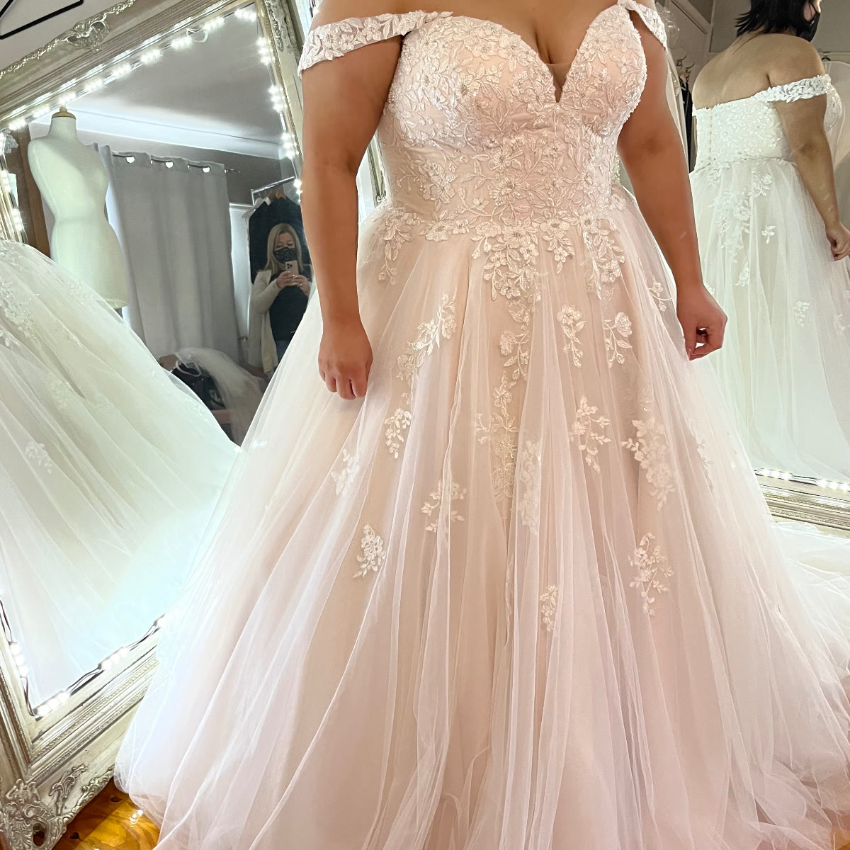 Blush off-shoulder lace ballgown altered by Alterations by Jacqui in Shoalhaven Heads NSW