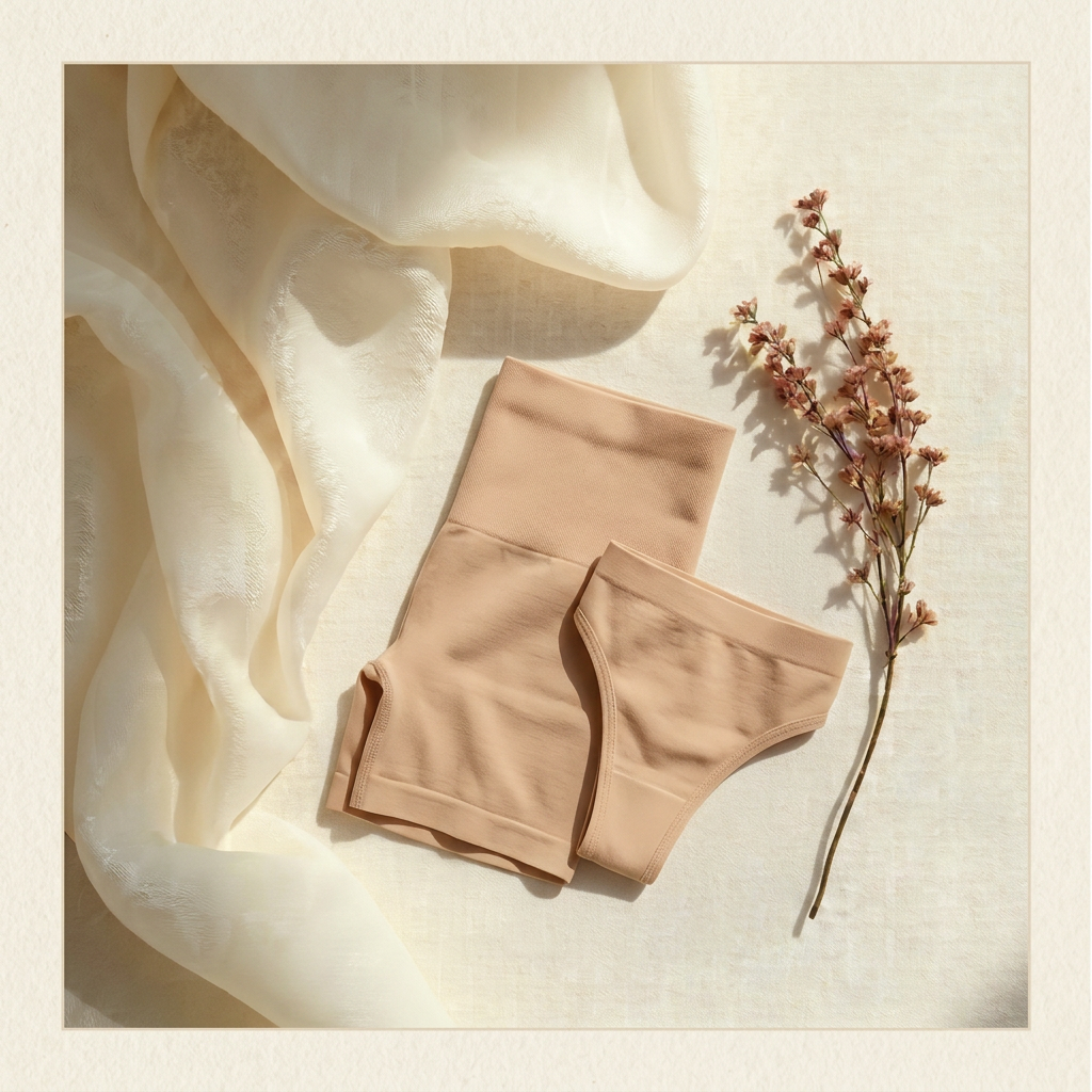 Beige seamless shaper shorts and seamless thong styled on ivory linen with sheer silk and a dried blush floral sprig