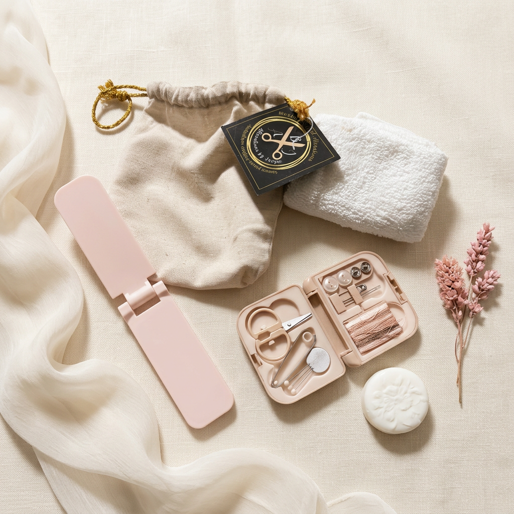 Bridal emergency stain and repair kit — linen drawstring bag with branded tag, white wash cloth, white cake of soap, blush mini sewing kit and folding lint tool, styled on ivory linen with sheer silk and a dried blush floral sprig