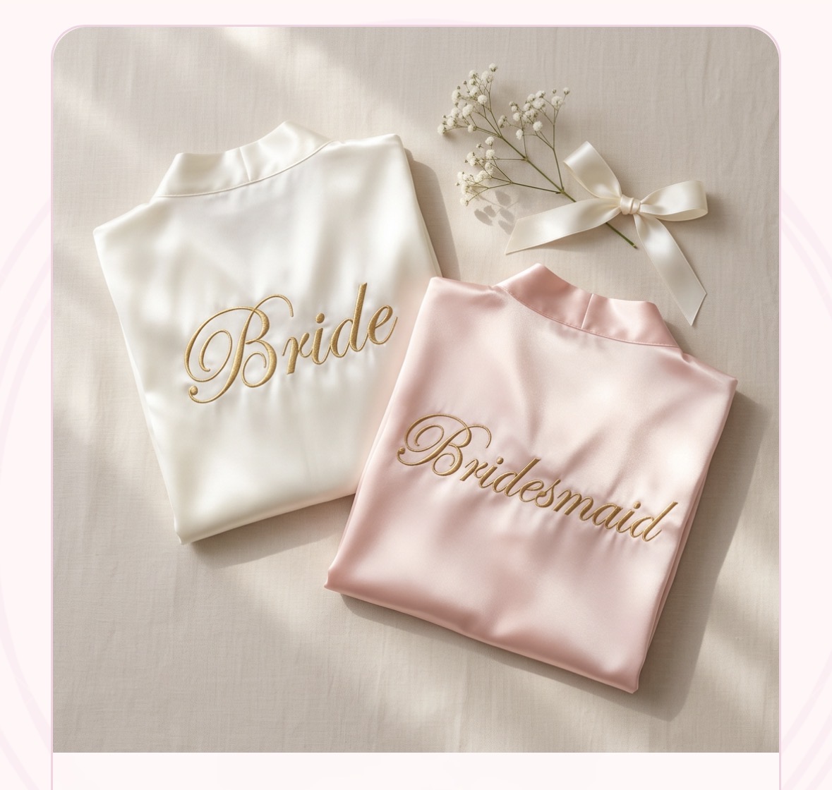 Ivory and blush pink satin bridal robes with gold 'Bride' and 'Bridesmaid' embroidery, styled with baby's breath on soft linen
