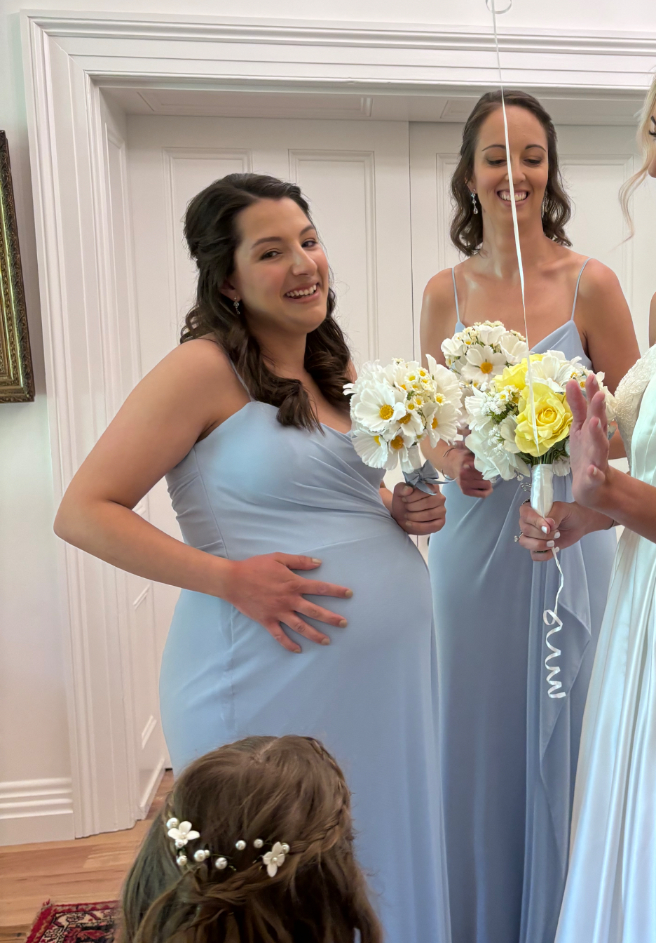 Bridesmaids in soft blue gowns tailored by Alterations by Jacqui, Shoalhaven Heads NSW