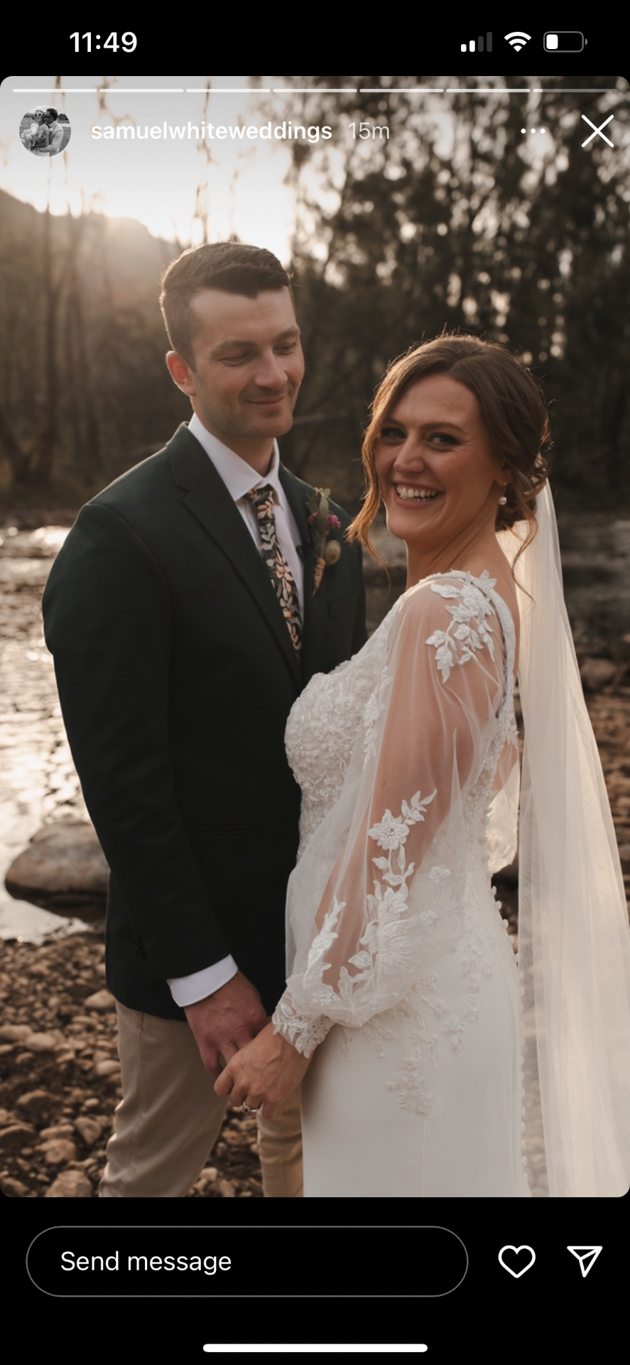 Couple in formalwear by a river at sunset — long-sleeve formal gown alterations and suit tailoring by Jacqui, NSW South Coast