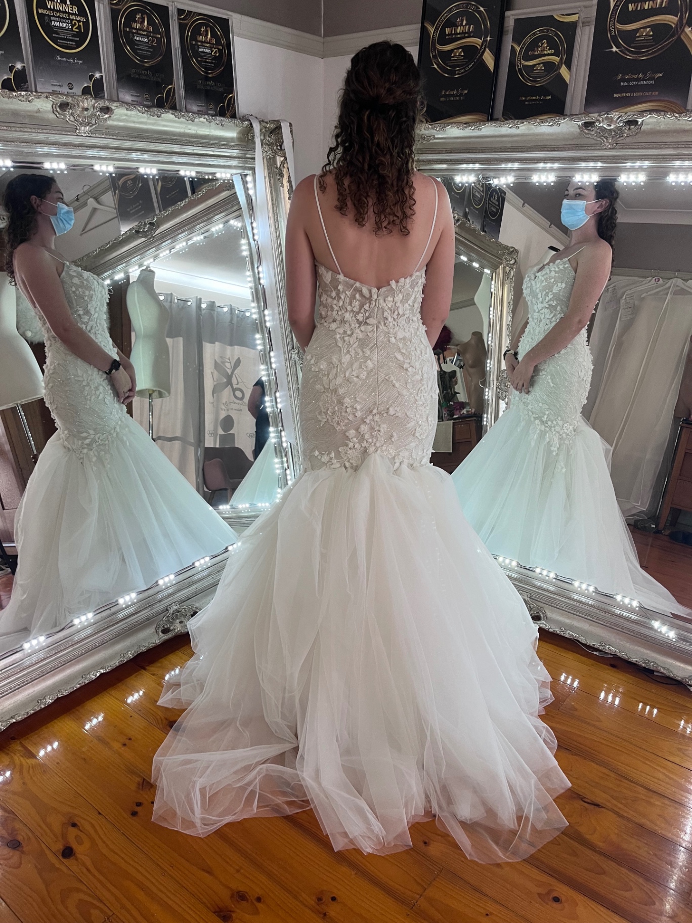 3D floral appliqué wedding gown with layered tulle mermaid skirt after bridal alterations by Jacqui