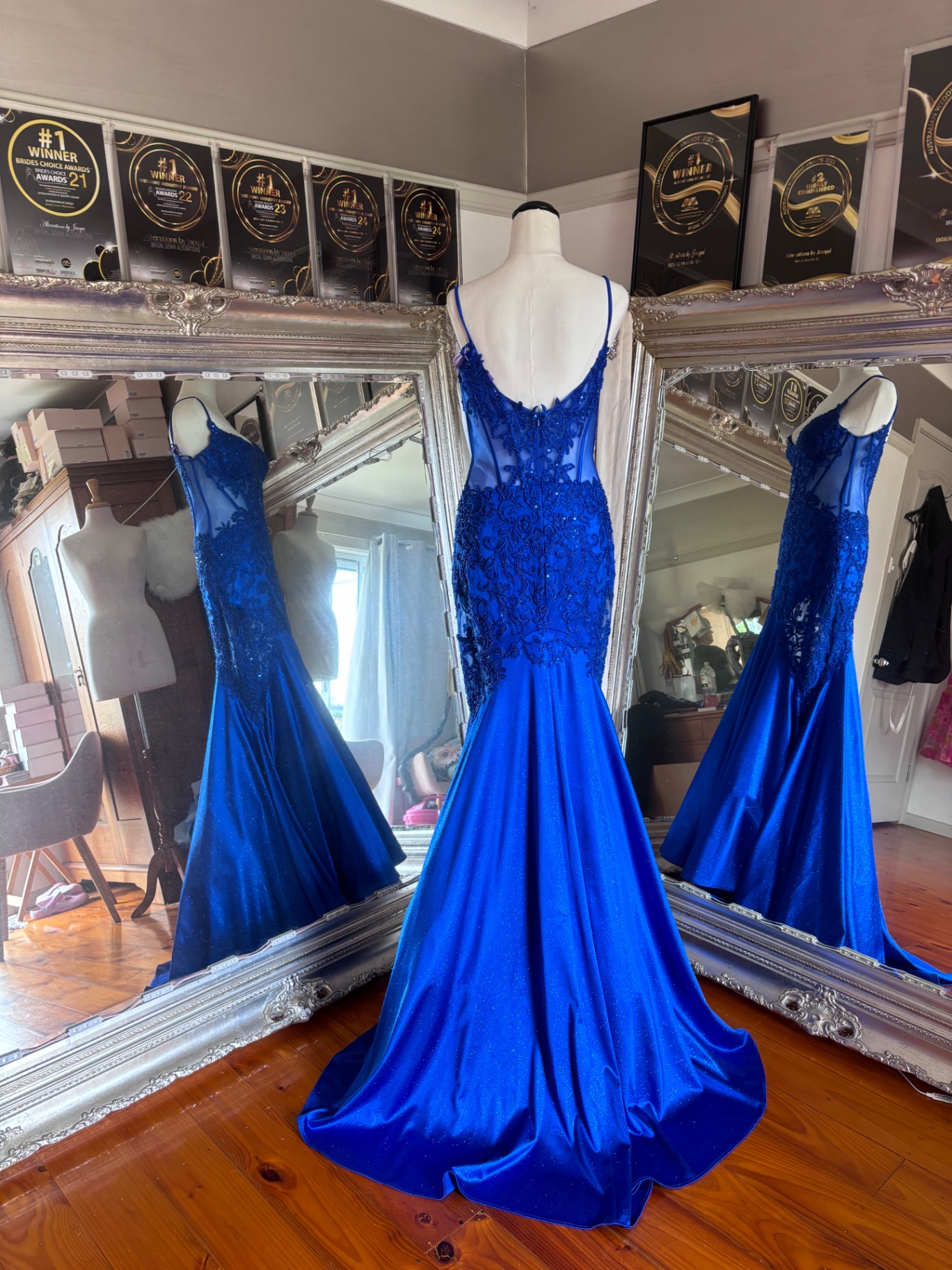Royal blue lace bodice mermaid formal gown on a mannequin in Jacqui's studio — formal gown bodice fitting and hemming by Jacqui, NSW South Coast