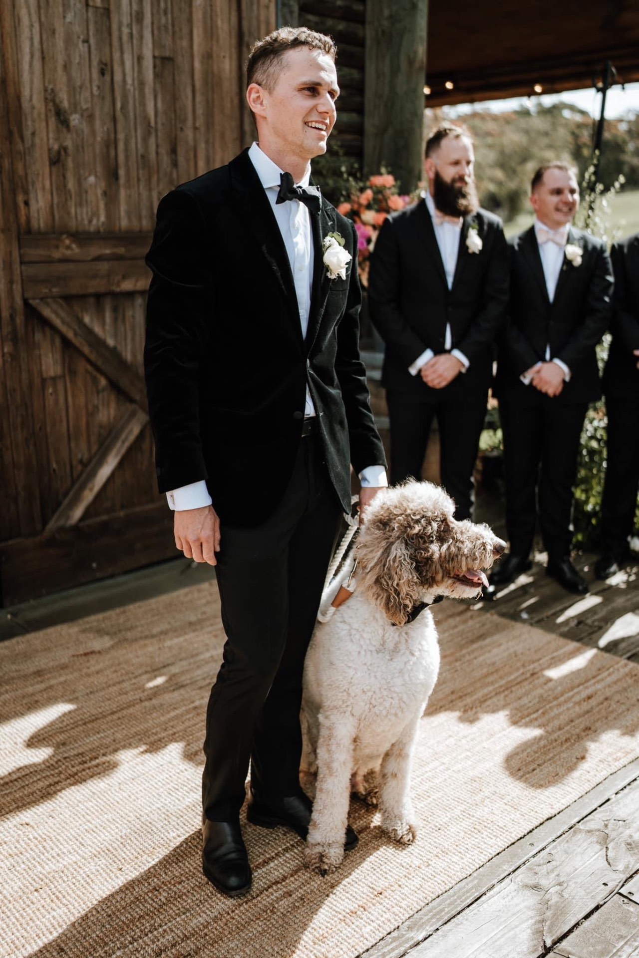 Groom in a black velvet tuxedo with black bow tie walking down the aisle with his dog — tuxedo alterations and fitting by Jacqui, Shoalhaven Heads