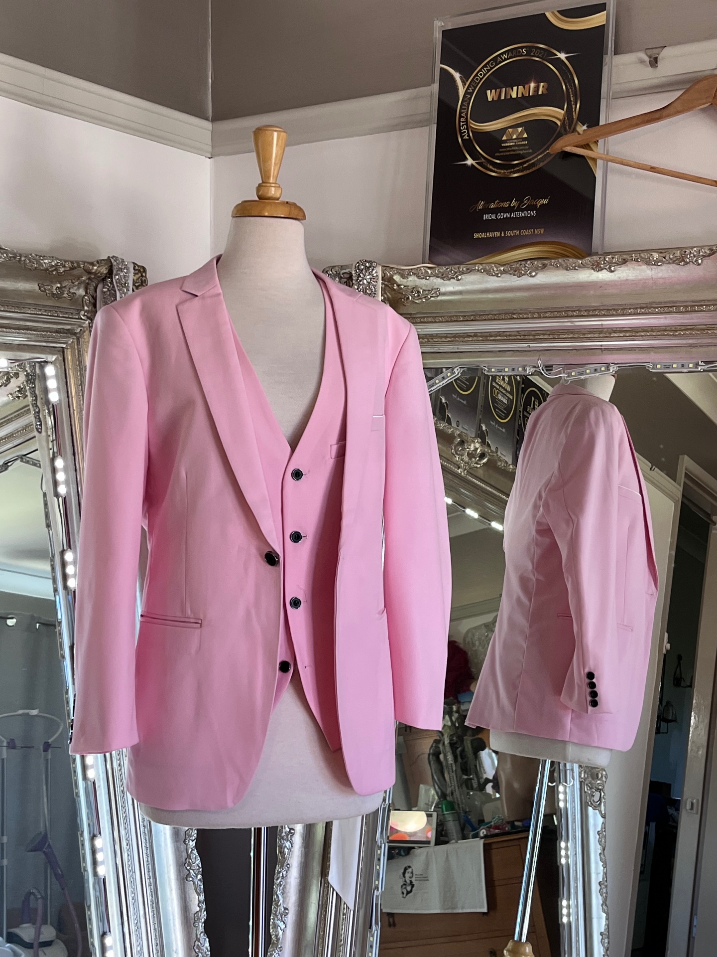 Pink three-piece wedding suit tailored by Alterations by Jacqui, Shoalhaven Heads